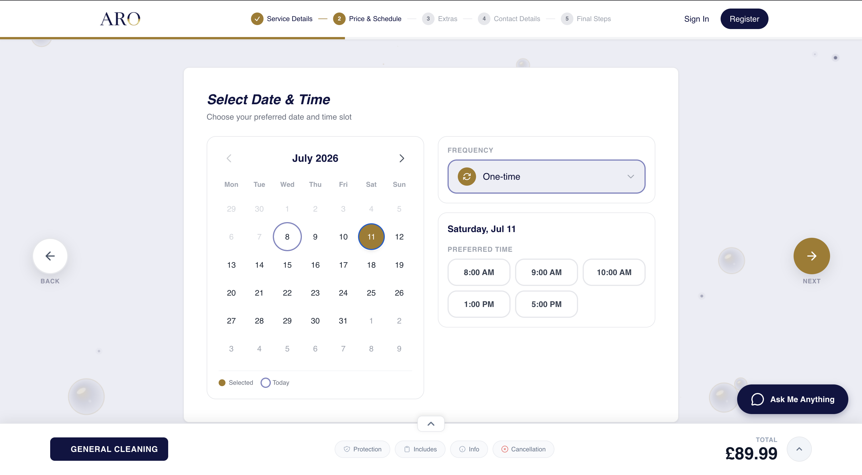 ARO — wizard de reserva con calendario y selección de horario
