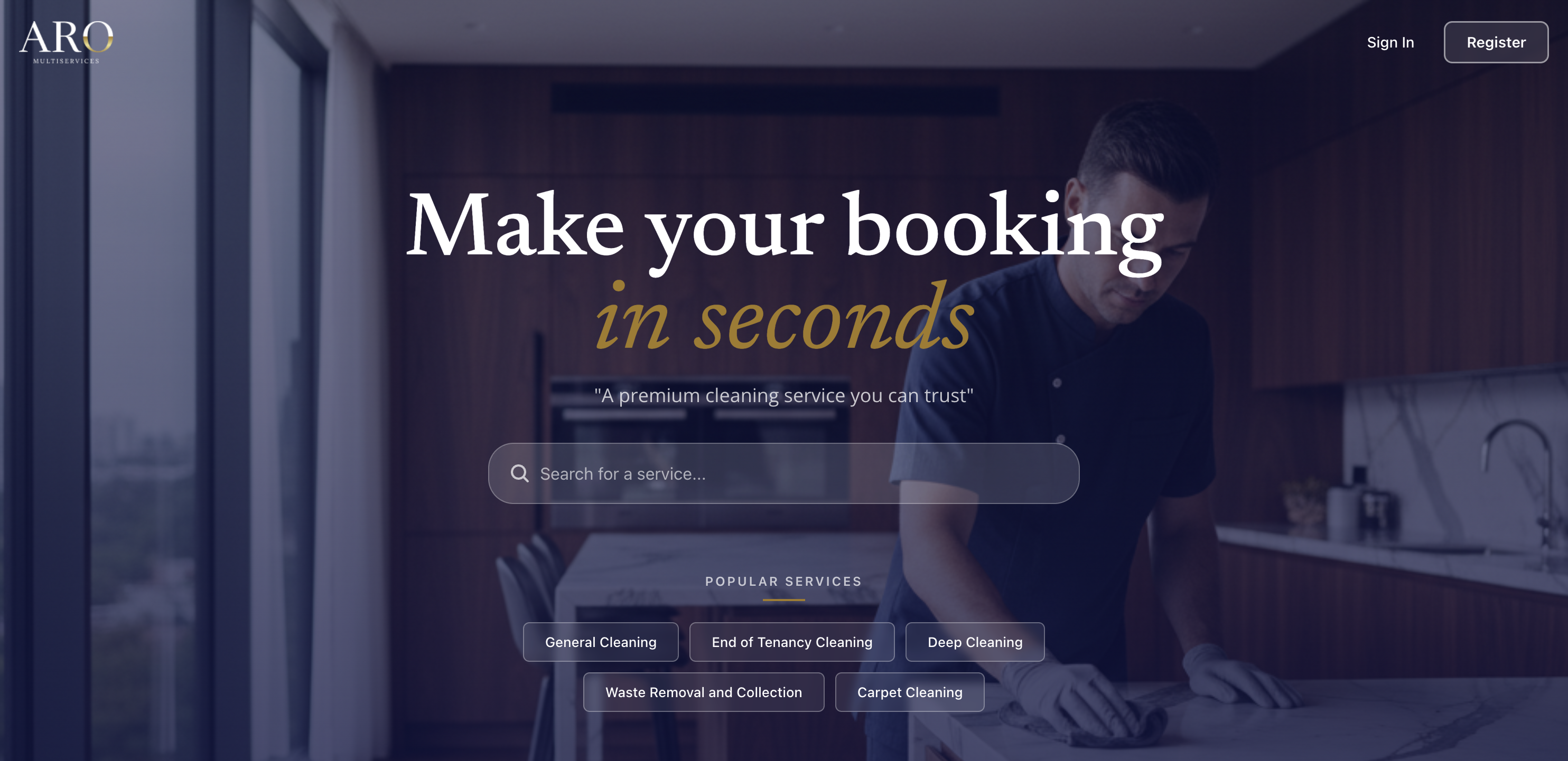 ARO Multiservices — landing con buscador de servicios premium