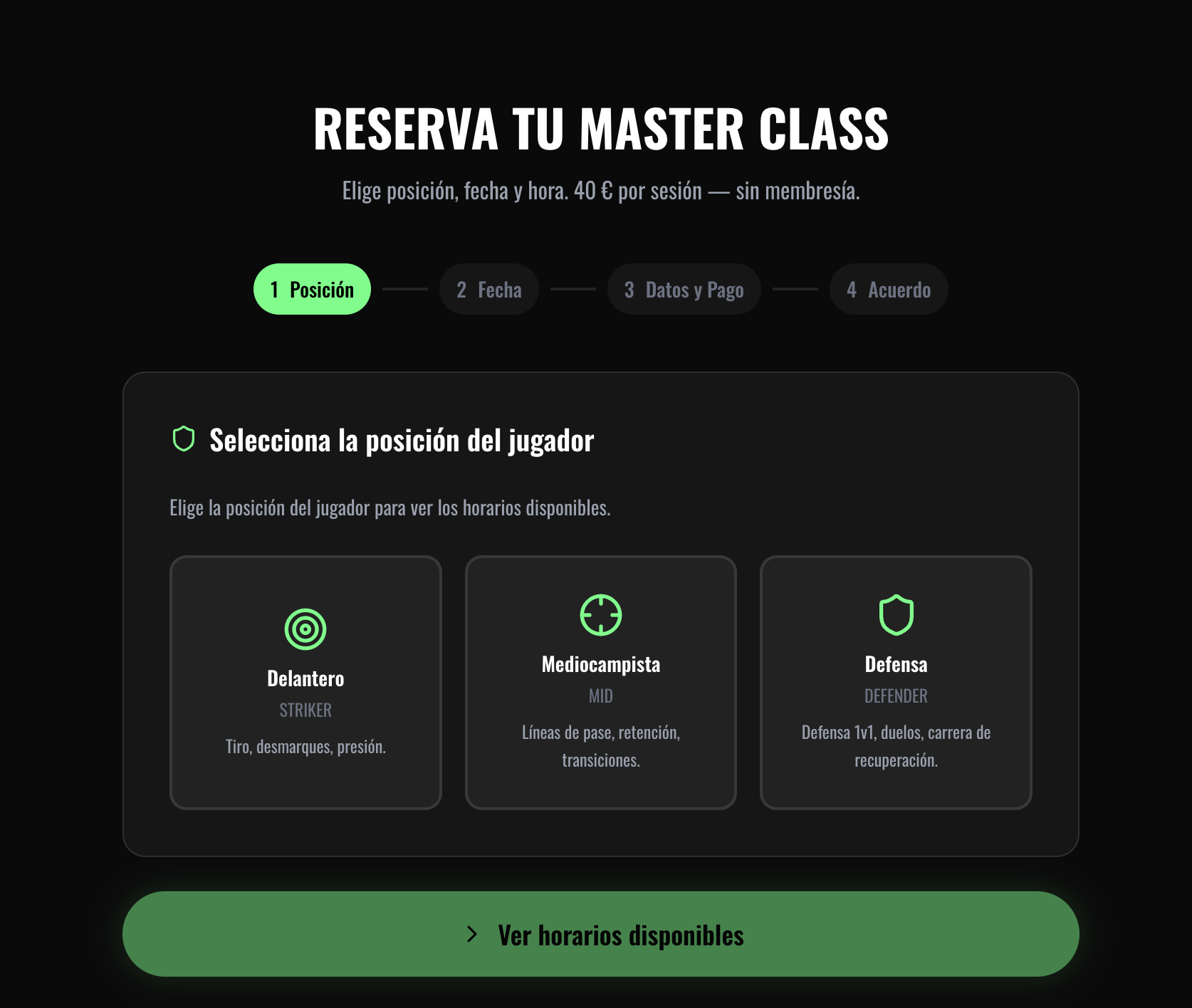 F11 — wizard de reserva de Master Class por posición