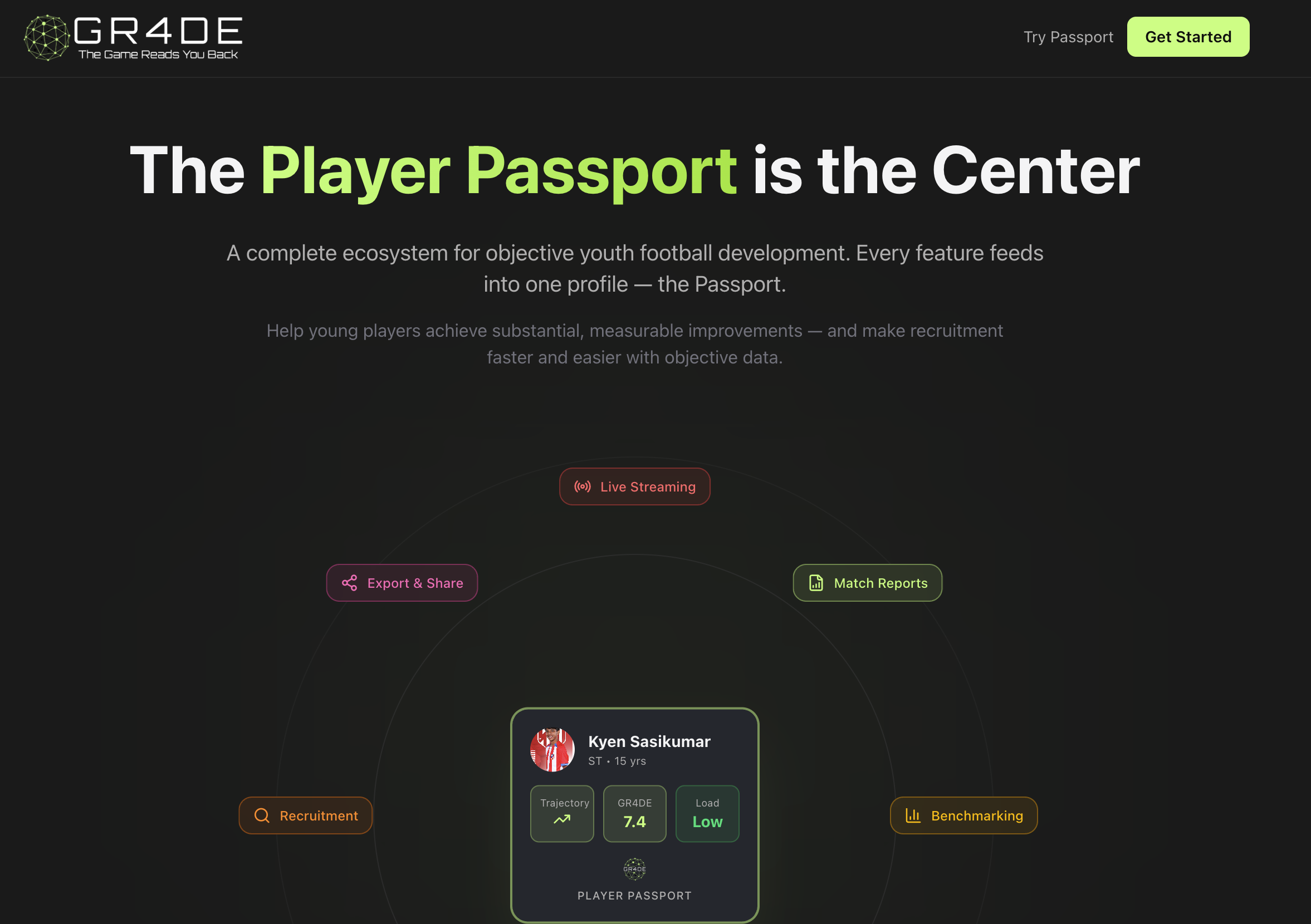 GR4DE — plataforma de análisis de partidos con IA y Player Passport