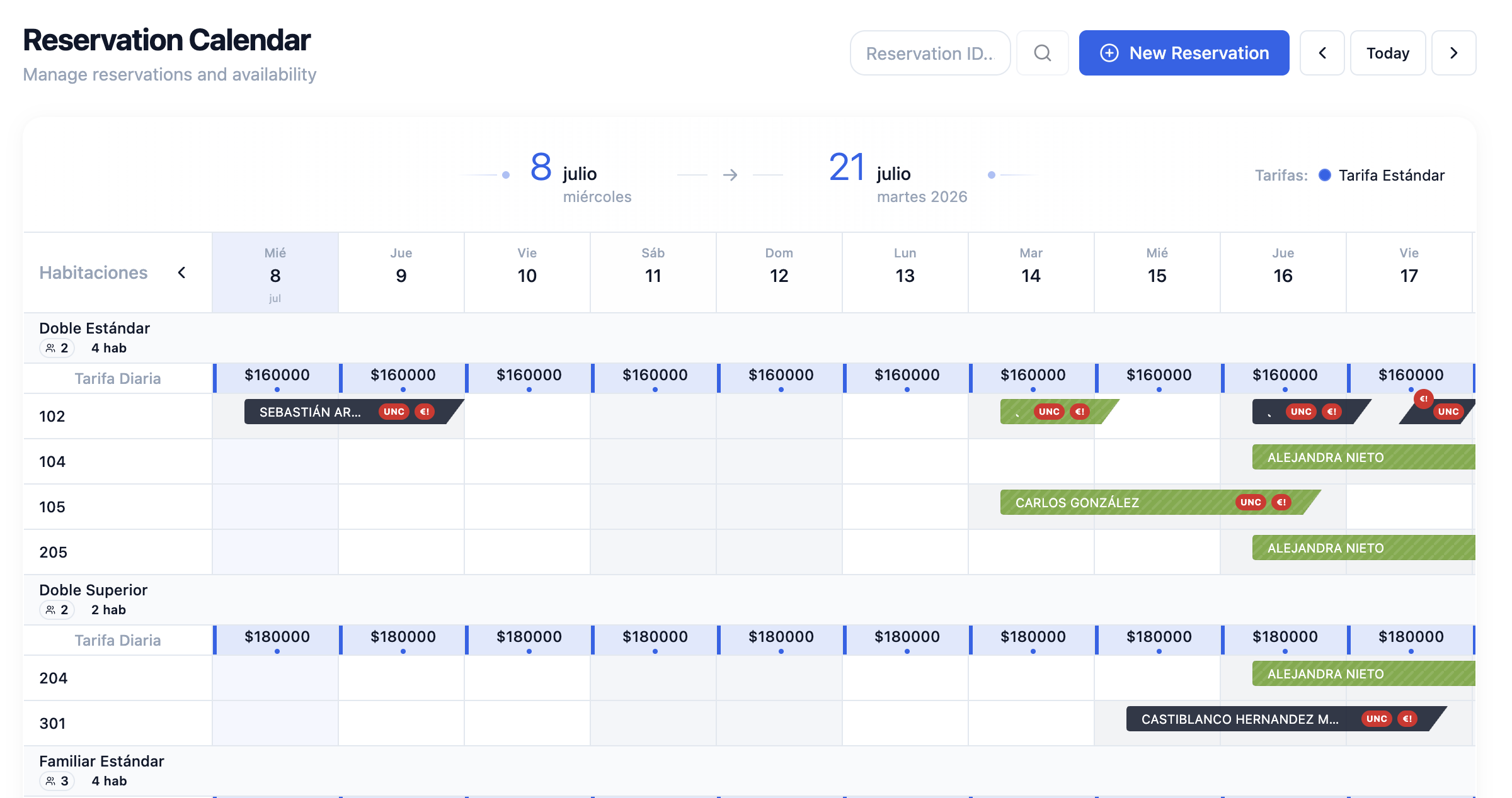 Bett PMS — Reservation Calendar con timeline de habitaciones y reservas en vivo